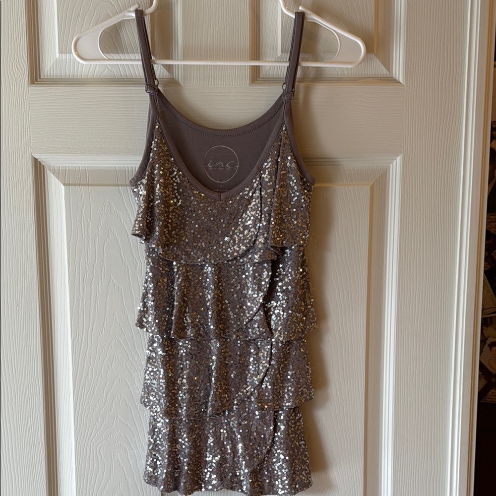 INC International Concepts Sequin Embellished Top Silver Grey